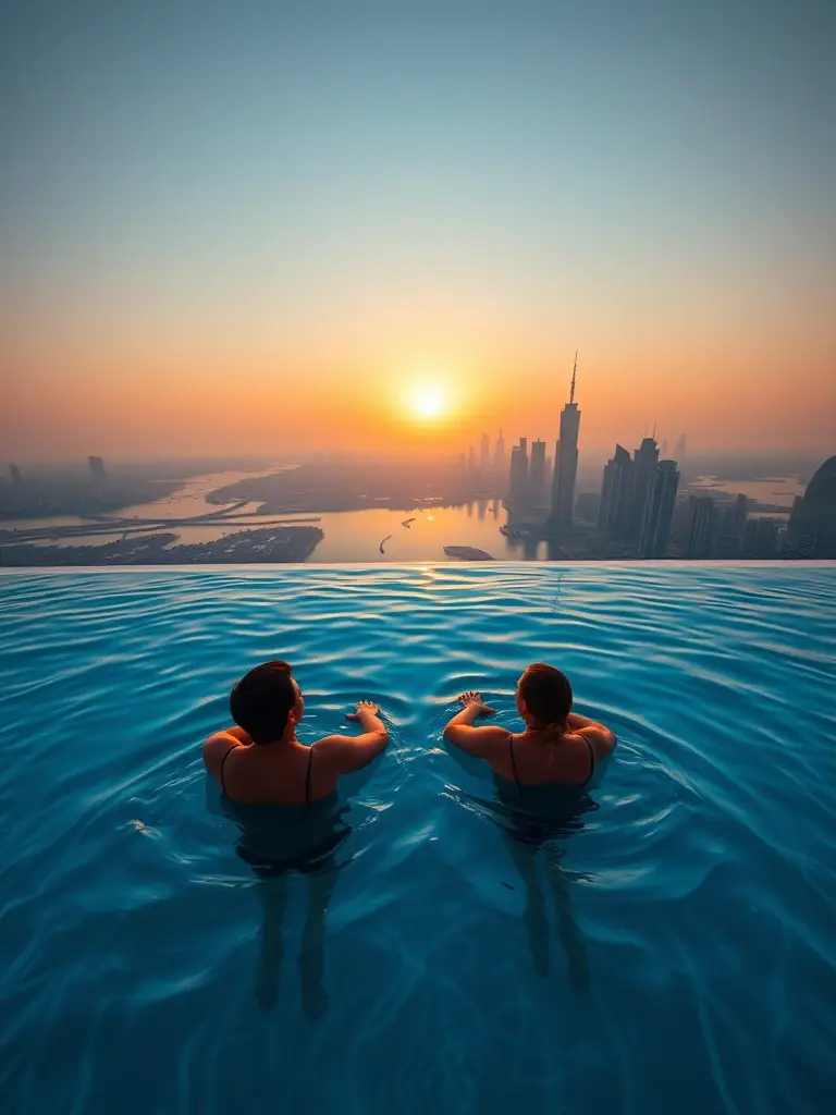 A serene view of the Aura Skypool at dawn, with guests enjoying a peaceful swim as the sun rises over the Dubai skyline.