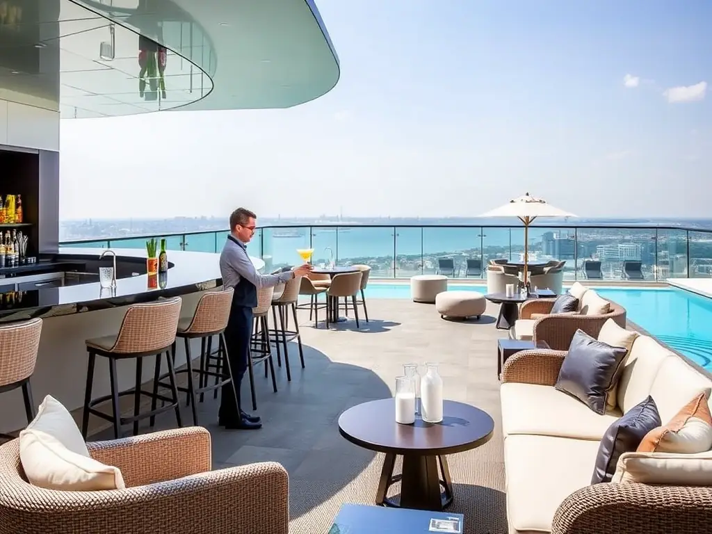 A photograph of the Aura Skypool poolside bar, showcasing the elegant design, comfortable seating, and a bartender preparing a cocktail. The image should convey a sense of sophistication and relaxation.
