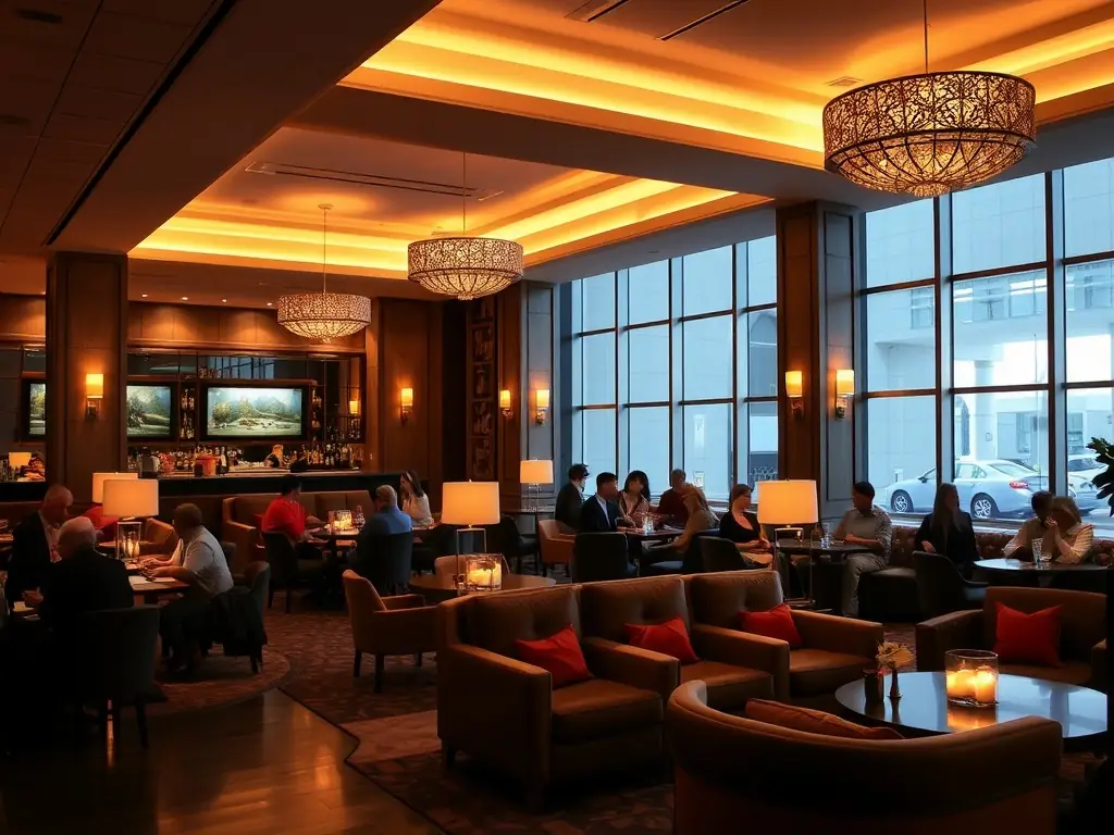 A photograph of the Aura Skypool lounge area, featuring comfortable seating, stylish decor, and guests enjoying the relaxed atmosphere. The image should highlight the luxurious and tranquil environment.