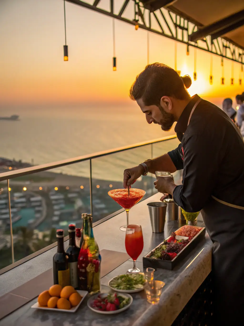 A close-up shot of a bartender crafting a colorful cocktail at the Aura Skypool's poolside bar, with the Dubai skyline blurred in the background.